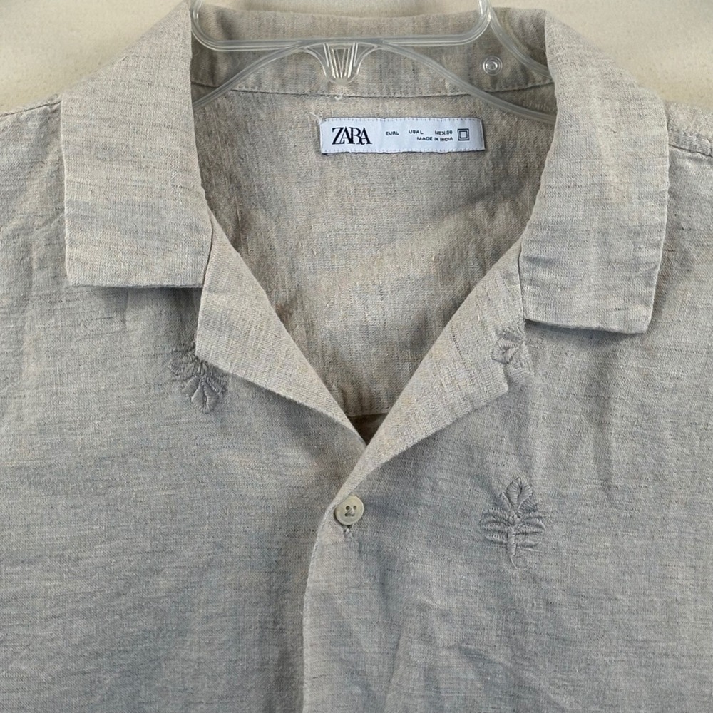 Zara Mens Large Linen Blend‎ Embroidered Leaf Camp Collar Short Sleeve Beige - Picture 3 of 6